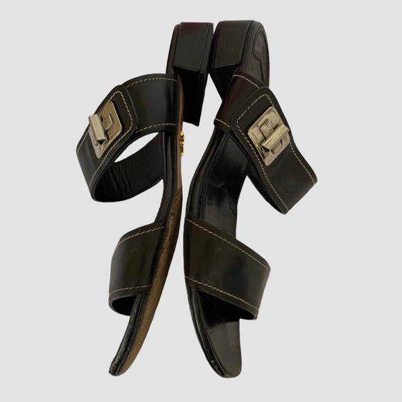 VINTAGE BLACK PRADA SLIP ON SLIDES LEATHER SANDALS WITH SILVER BUCKLE - Picture 11 of 16